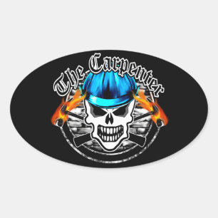 Pegatina Ovalada Calavera del carpintero y Gorra duro azul