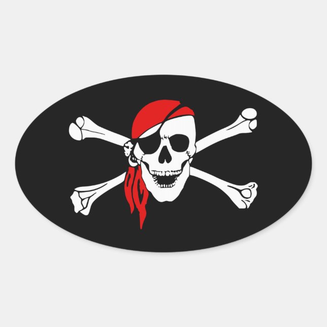 Pegatina Ovalada Calavera pirata y huesos cruzados con bandana roja (Anverso)