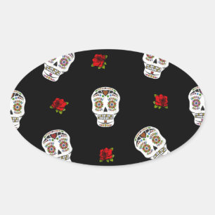 Pegatina Ovalada Calaveras Azucareras Rosas RAB Rockabilly Sobre Ne