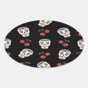 Pegatina Ovalada Calaveras de Azúcar Rockabilly RAB Cerezas Sobre N