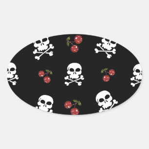 Pegatina Ovalada Calaveras y Cerezas RAB Rockabilly en Negro