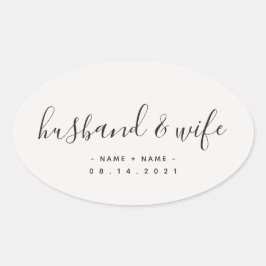 Pegatina Ovalada Caligrafía moderna Esposo y Boda de Esposa