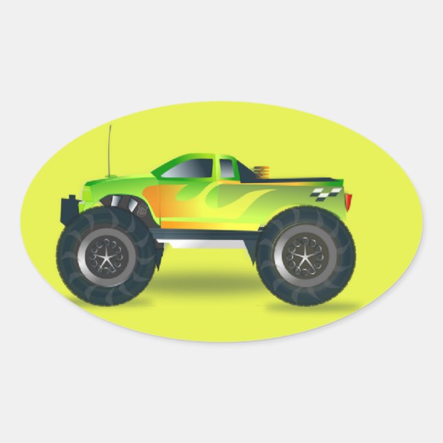 Pegatina Ovalada Camión de monstruos en verde limón (Anverso)