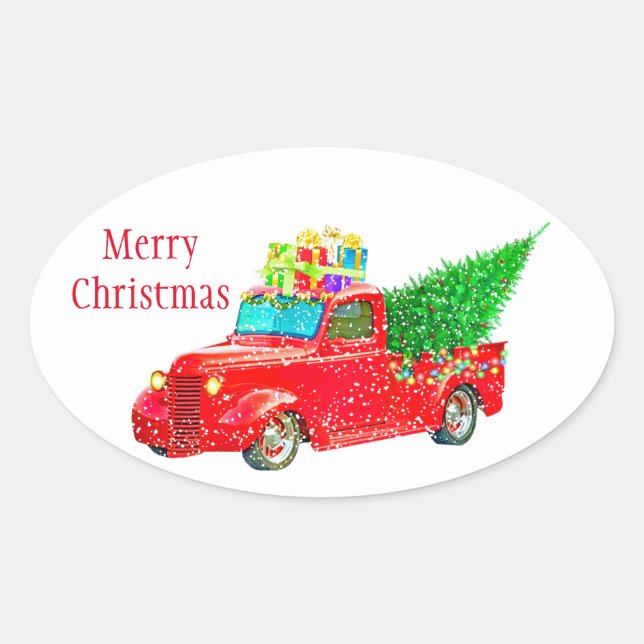 Pegatina Ovalada Camión Rojo-Pegatinas de Navidad (Anverso)