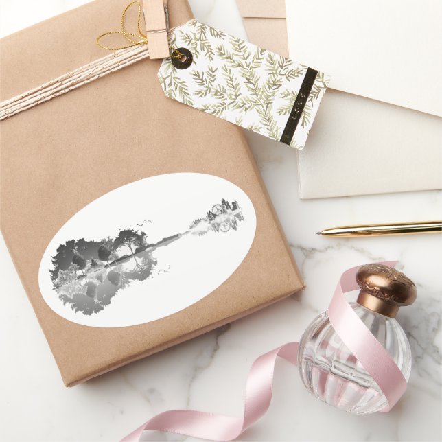 Pegatina Ovalada Canción de la Naturaleza: Arte de guitarra en el p (Regalar)