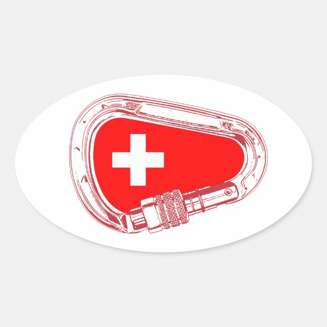 Pegatina Ovalada Carabiner de escalada con bandera de Suiza (Anverso)