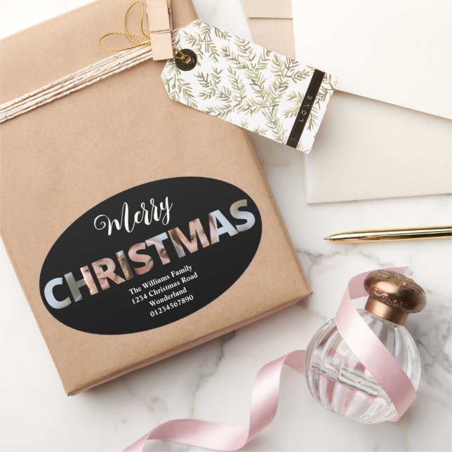 Pegatina Ovalada Cargar tu foto en Navidades de texto (Regalar)
