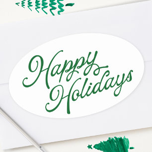 Pegatina Ovalada Carta de Felices Fiestas en Verde y Blanco