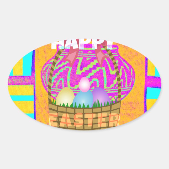 Pegatina Ovalada Cesta de Pascua inspirada en África Occidental y H (Anverso)
