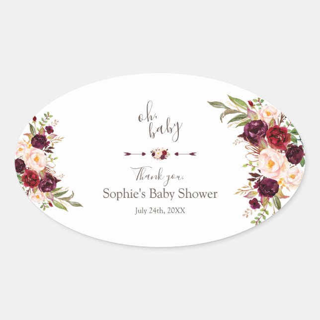Pegatina Ovalada Charm Burgundy Red Marsala Floral BABY SHOWER (Anverso)