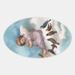 Pegatina Ovalada Cherub y pájaros en la vieja Semana Santa de la Nu