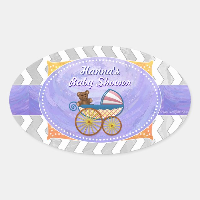 Pegatina Ovalada Chevron gris con cielo lluvioso y bebé morado (Anverso)