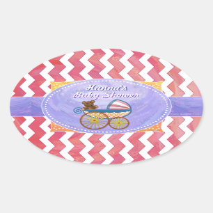 Pegatina Ovalada Chevron rosa Salmon Swirl Baby Shower