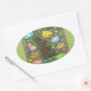 PEGATINA OVALADA CHOCOLATE BUNNY, CHICK, HUEVOS, JELLY BEANS