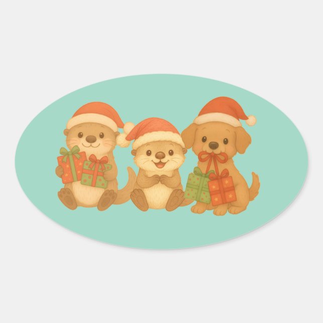 Pegatina Ovalada Christmas Friends Sticker (Anverso)