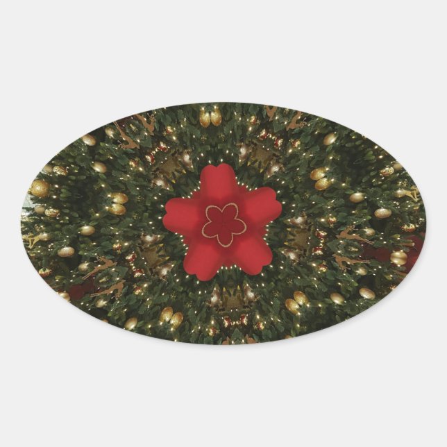 Pegatina Ovalada Christmas Wreath Red Green Gold with Red Star (Anverso)