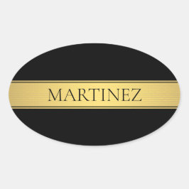 Pegatina Ovalada Clásica Faux Gold Stripe & Black Background o DIY
