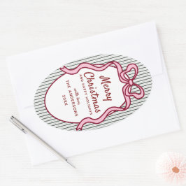 Pegatina Ovalada Classic Dark Green Stripes & Pink Bow Christmas