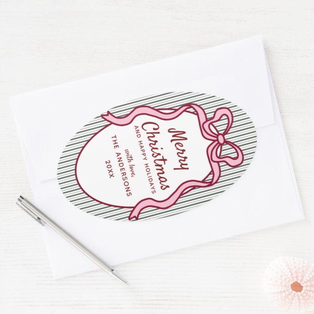 Pegatina Ovalada Classic Dark Green Stripes & Pink Bow Christmas (Sobre)