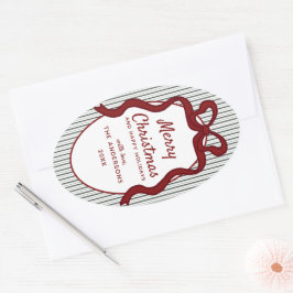 Pegatina Ovalada Classic Dark Green Stripes & Red Bow Christmas