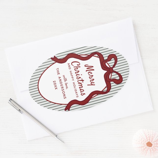 Pegatina Ovalada Classic Dark Green Stripes & Red Bow Christmas (Sobre)