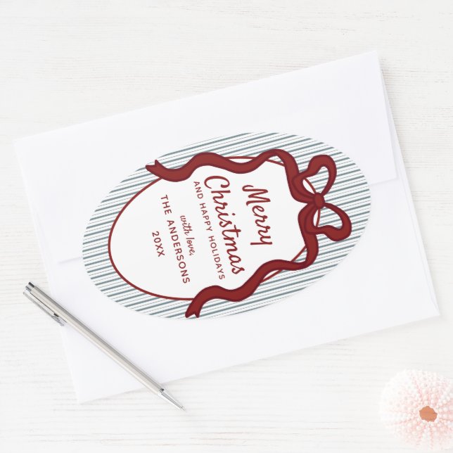 Pegatina Ovalada Classic Red Blue Stripes & Bow Frame Christmas  (Sobre)