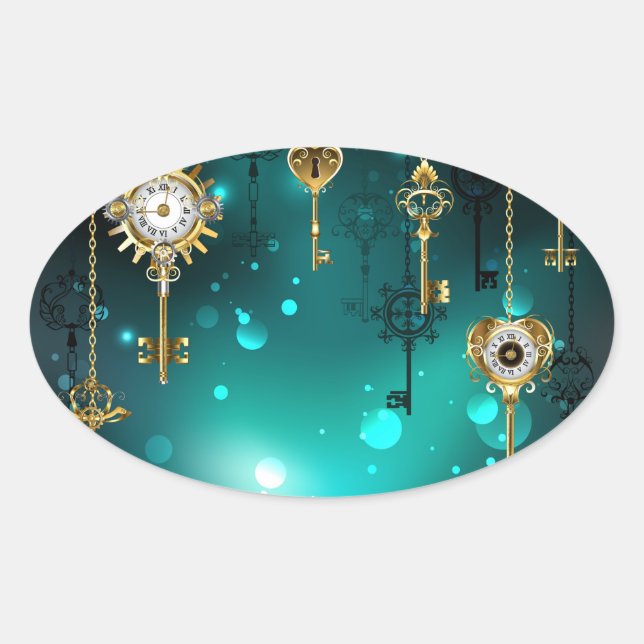 Pegatina Ovalada Claves de esqueleto antiguas sobre fondo verde (Anverso)
