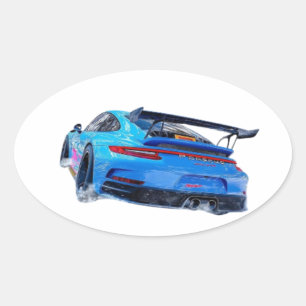 Pegatina Ovalada Coche de carreras azul