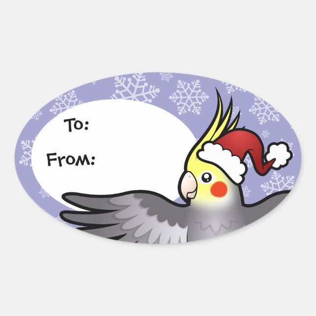 Pegatina Ovalada Cockatiel de Navidad (Anverso)