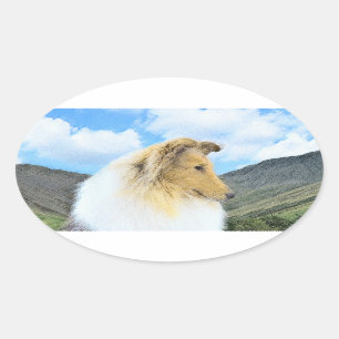 Pegatina Ovalada Collie in Mountains (Rough) Pintura - Perro Art