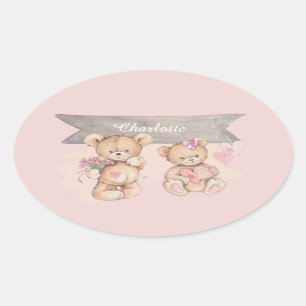 Pegatina Ovalada Color de agua adorable Teddy Bear Baby Shower Squa