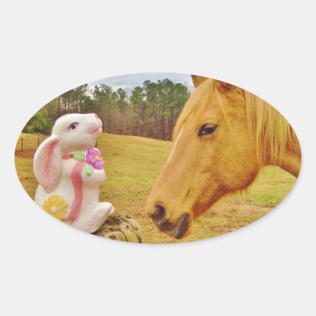 Pegatina Ovalada Conejo blanco y caballo amarillo (Anverso)