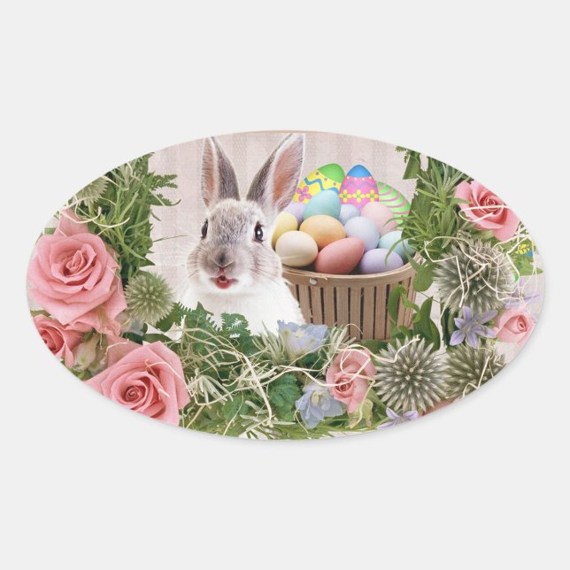 Pegatina Ovalada Conejo de vacaciones (A charming scene unfolds as a fluffy rabbit peeks playfully from a lush floral arrangement.)