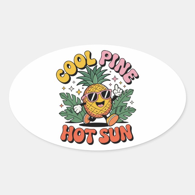 Pegatina Ovalada Cool Pine Hot Sun Retro Pineapple Summer Vibes (Anverso)