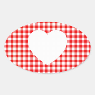 Pegatina Ovalada Corazón blanco en Red Gingham