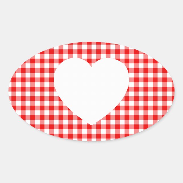 Pegatina Ovalada Corazón blanco en Red Gingham (Anverso)