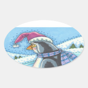 PEGATINA OVALADA CORAZÓN CÁLIDO Y FRÍO DE FONDO, PINGUINA DE NAVIDA