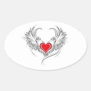 Pegatina Ovalada Corazón de Ángel Rojo con alas