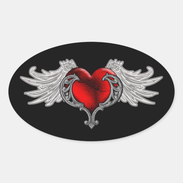 Pegatina Ovalada Corazón gótico con alas ángel (Anverso)