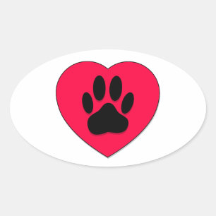 Pegatina Ovalada Corazón Rojo Con Papas De Perro Impresión