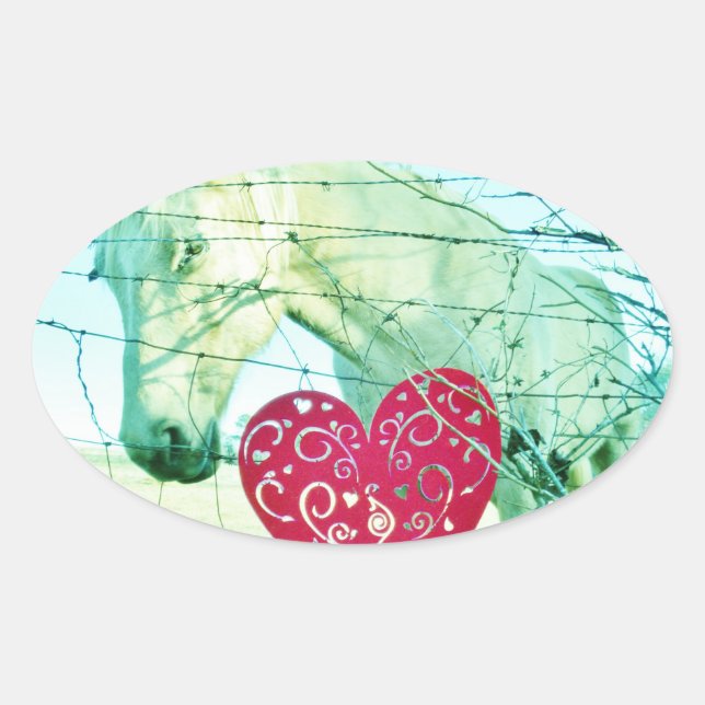 Pegatina Ovalada Corazón Rojo de Caballo Blanco Valentine (Anverso)