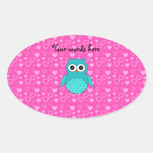 Pegatina Ovalada Corazón turquesa de búho rosa (Anverso)