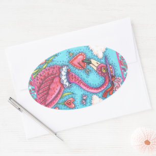 PEGATINA OVALADA CORAZONES DE VÁLVULA DE FLAMINGO ROSA, ANIMACIÓN D