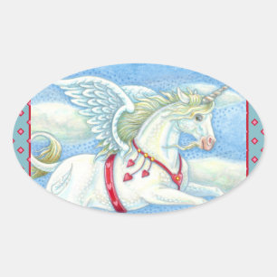 PEGATINA OVALADA CORAZONES DE VUELO UNICORN BLANCO, FANTASY PEGASUS