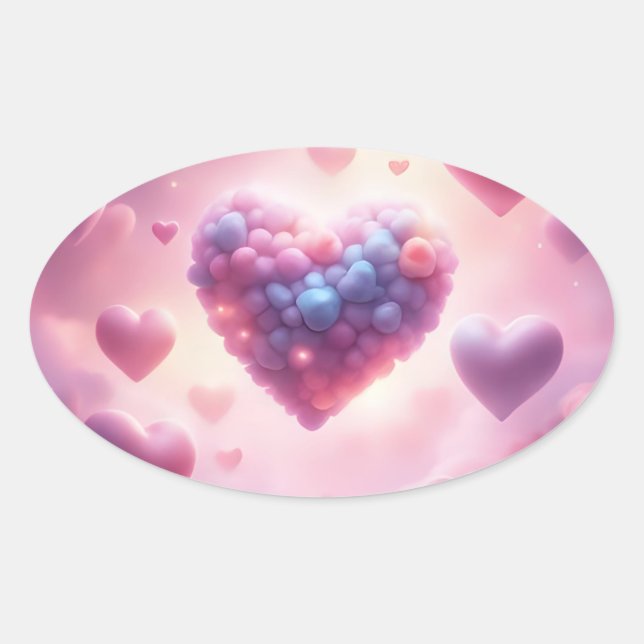 Pegatina Ovalada Corazones En Las Nubes (Anverso)