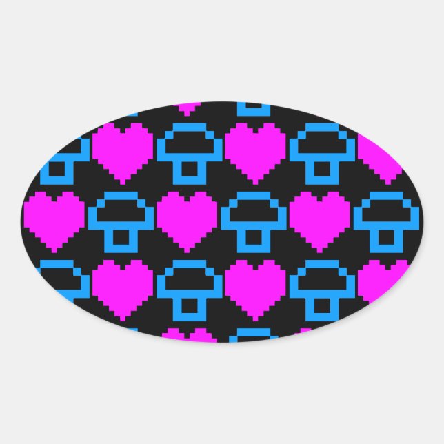 Pegatina Ovalada Corey Tiger 80s 8-bit Hongos Corazones (Anverso)