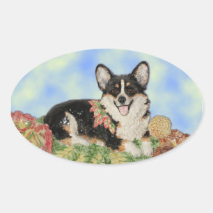 Pegatina Ovalada Corgi de tres colores en Pegatinas de follaje otoñ