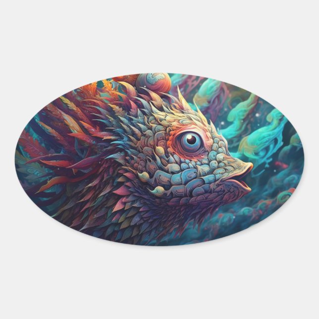 Pegatina Ovalada Criatura de Trippy psicodélica (Anverso)