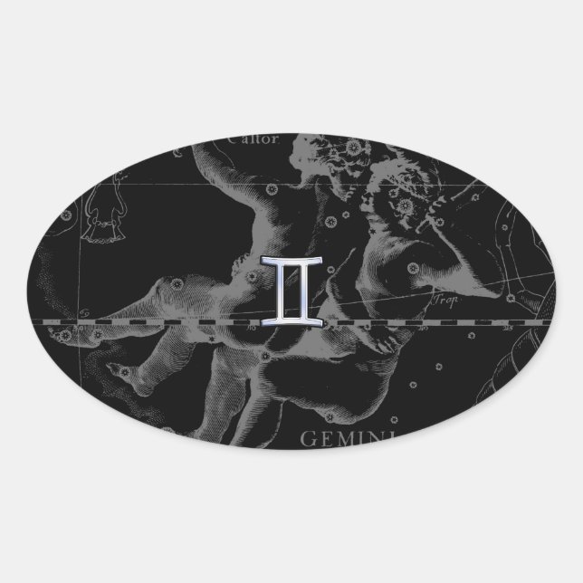Pegatina Ovalada Cromo plateado como Rótulo Gemini Zodiac en Heveli (Anverso)