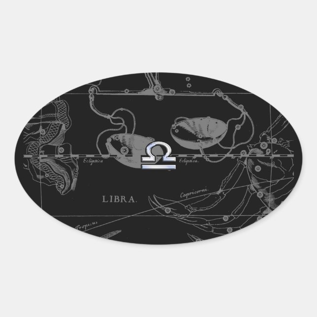 Pegatina Ovalada Cromo plateado como Rótulo Libra Zodiac en Heveliu (Anverso)